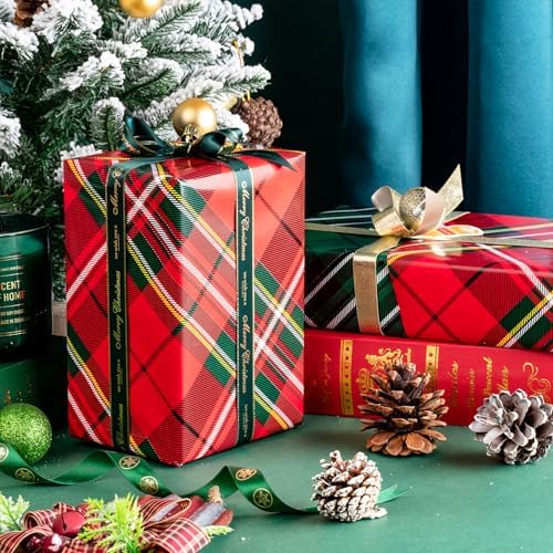 LeZakaa Christmas Wrapping Paper Jumbo Roll, Green & Red Plaid Classic Retro Reversible Design for Thanksgiving, New Year, Valentines, Wedding, Anniversary, Family Gathering, 24 inches x 100 Feet