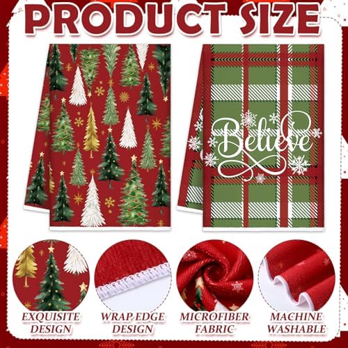 Oudain 6 Pcs Christmas Kitchen Towels Red Green Xmas Tree Tea Dishtowels Decorative Plaid Bathroom Hand Towel Farmhouse Red Green Christmas Decorations for Kitchen Bath Housewarming Home Gifts