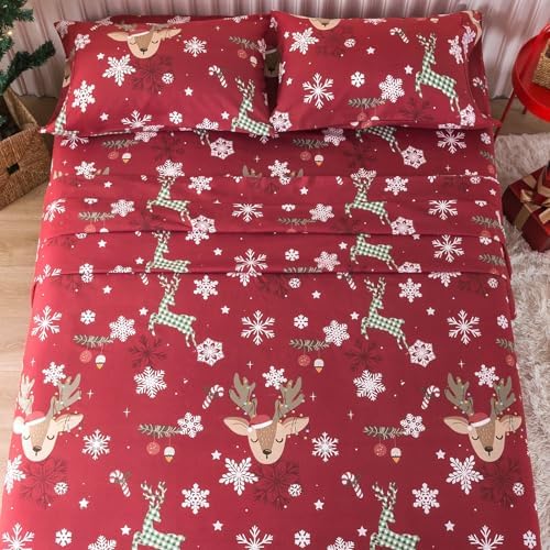 KACEMOO Queen Size Christmas Sheet Set, 4Pcs Red Deer Sheet Set, Deep Pocket Winter Warm Bed Sheet Set, Soft Brushed Microfiber Pattern Holiday Bedding Sheets