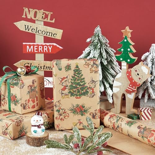 RUSPEPA Kraft Christmas Wrapping Paper Roll, Mini Roll, Vintage Animals Like Cat and Squirrel with Santa Hats, Tree, Stockings & Gifts, Kraft Gift Wrap for Boys, Girls, Holiday, 17 Inches x 16.4 Feet
