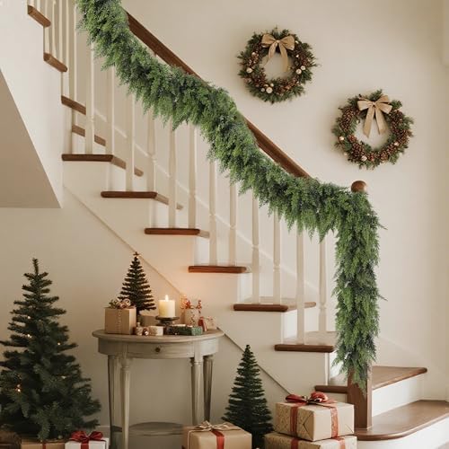 YOFIT 9FT Real Touch Cedar Christmas Garland - Artificial Greenery for Fireplace Mantel, Staircase & Door Decor, Indoor/Outdoor Holiday Christmas Decorations