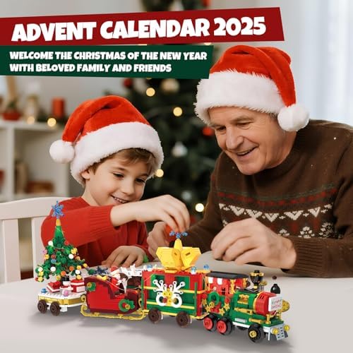 Advent Calendar 2025 Train Building Blocks Set, 24 Days Surprise Christmas Countdown Calendars Toy Building Blocks Kits Christmas Train with LED Light, Thanksgiving Xmas Gifts for Adults Men Women, Boys, Girls, Teens & Adults Ages 6+