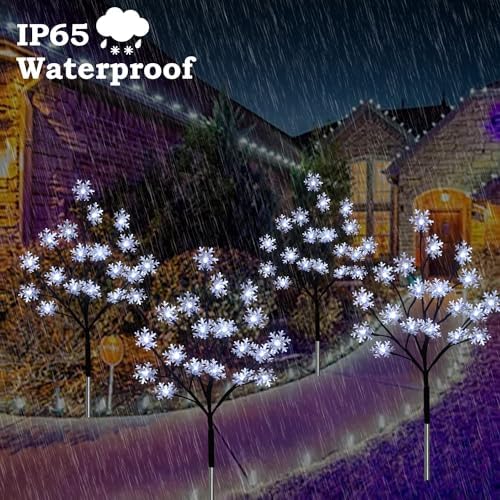 4-Pack 80LEDs Solar Christmas Snowflake Stake Lights, 8 Modes Solar Snowflake Christmas Decorations Outdoor Lights, Waterproof Outdoor Xmas Decorations for Garden Yard Pathway Walkway
