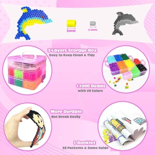 11000 Fuse Beads Kit - 20 Colors 5mm Bead Craft Set with Storage Box, Pegboard, Ironing Paper and Accessories, Arts and Crafts Kits for Kids Age 5+ Christmas Birthday DIY Craft Gift for Girls & Boys