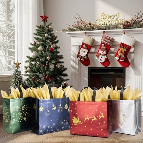 YANGTE 16 Pack 13" Large Christmas Gift Bags With Tissue Paper, Reusable 4 Unique Designs Christmas Bags with Handle for Gifts Wrapping Shopping Xmas Party Supplies(13" x 11" x 5")