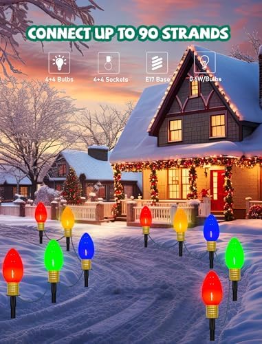 C9 Christmas Pathway Lights Outdoor, 2Pk Total 14Ft Outdoor Christmas Decorations String Light with 8 LED Jumbo C9 Multicolor Light Bulbs Walkway Lights for Lawn Holiday Yard Garden Sidewalk Decor