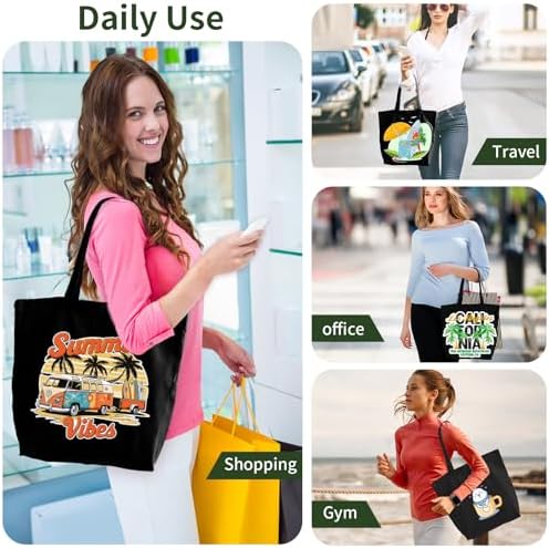 10 Pack Black Canvas Tote Bag with Zipper, OLSUNOR Reusable Grocery Bags with Long Handle, DIY Heat Transfer Sublimation Blanks Shopping Bags for Advertising, Birthday, Halloween, Christmas Craft Bags