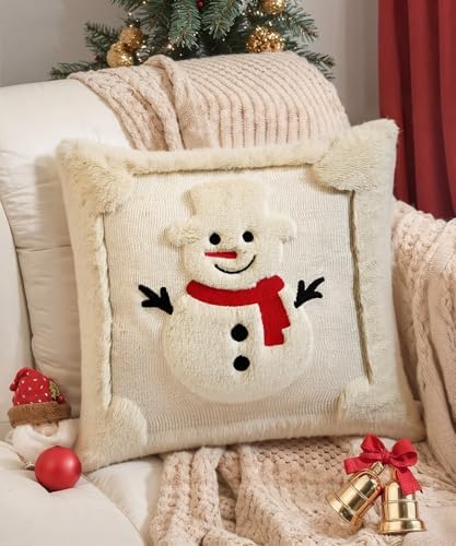 Christmas Pillow Covers 18x18 Set of 2 Decorative Soft Plush Faux Rabbit Fur Christmas Snowman Pillow Covers Beige 3D Embroidered Couch Cover Sofa Bedroom Living Room Holiday Winter Home Decor