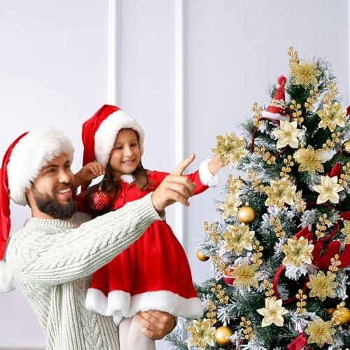 Sggvecsy 30 Pcs 3 Styles Christmas Glitter Poinsettia Flowers Artificial Berry Picks Christmas Tree Ornaments Artificial Christmas Flowers with Clips for Xmas Wedding Wreath Floral Decorations(Gold)