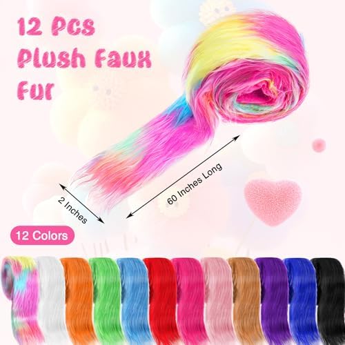 XunYee 12 Pcs Shaggy Plush Faux Fur Fabric Craft Fur Precut Strips Fake Ribbon for Christmas Winter DIY Cosplay Costume Gnomes Beard Santa Claus Hair Dwarf, 12 Colors(2 x 60 Inch)