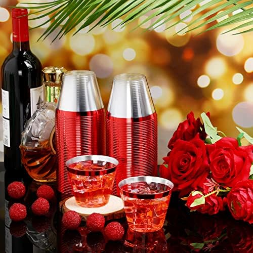 Lounsweer 100 Pcs 9oz Rimmed Plastic Cups Christmas Clear Cocktail Cups Heavy Duty Disposable Wine Glasses for Birthday Bridal Shower Baby Shower Holiday Celebrations(Red)