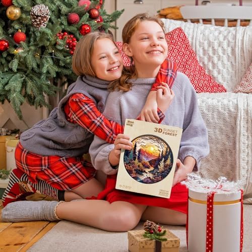 Wooden Puzzles for Adults - Unique Animal Shaped Sunset Forest Puzzle, 3D Vision Wooden Jigsaw Puzzle, Christmas Birthday Gifts for Friends/Family, Home Decor 8.5 * 8.5in 100pcs