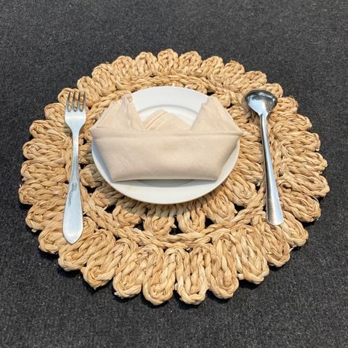 13.8" Round Corn Husk Placemats | Boho Woven Rattan Table Mats | Natural Spring Farmhouse Plate Chargers | Handmade Rustic Wicker Place Mats for Christmas Wedding (Set of 6)