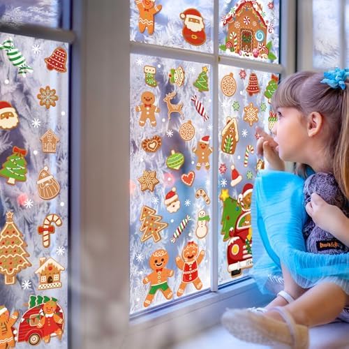 XZENTIRA 288 PCS Gingerbread Window Clings Christmas Party Decorations Gingerbread House Window Stickers for Home Window Glass Display Decorations Winter Window Stickers 9 Sheets