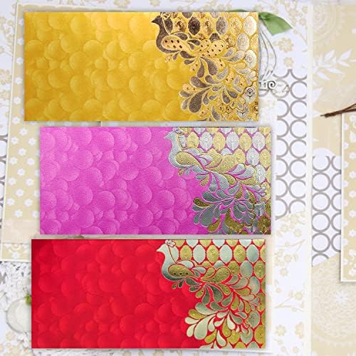 PARTH IMPEX Shagun Gift Envelope for Cash (Pack of 50) 7.5" x 3.5" Peacock Feather Gold Silver Foil Stamping Assorted Color Money Holder Card for Christmas Diwali Birthday Wedding Graduation