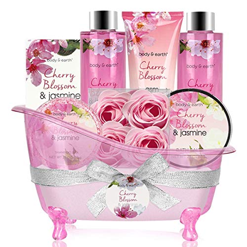 Body & Earth Gift Baskets for Women Bath and Body Set for Her, Cherry Blossom & Jasmine Spa Gifts for Women Christmas Gifts, Regalos Para Mujer