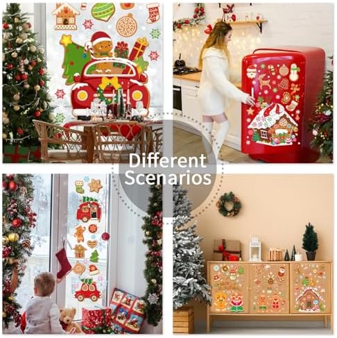 XZENTIRA 288 PCS Gingerbread Window Clings Christmas Party Decorations Gingerbread House Window Stickers for Home Window Glass Display Decorations Winter Window Stickers 9 Sheets