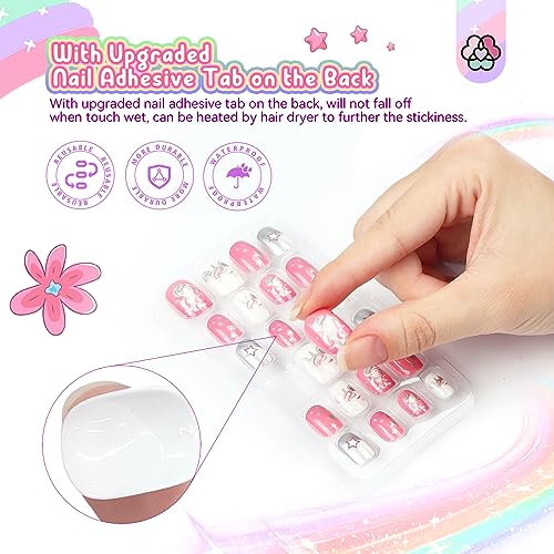 SAVILAND 168Pcs 7 Pack Press on Nails for Kids Children Fake Nails Stick on Nails Pre-glue Full Cover Glitter Gradient Color Star Short Acrylic Nail Tips Nail Art Christmas Easter Gifts for 8-12 Year
