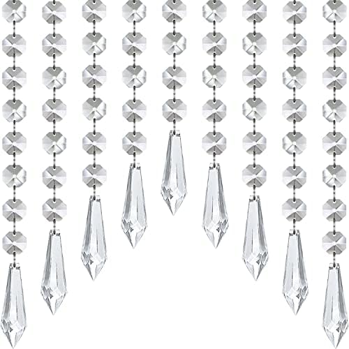 Jishi 33ft Crystal Garland Strands, String of Beads w/Crystal Icicle Prism Pendant, Hanging Crystals for Decoration for Centerpieces Chandeliers Christmas Ornaments, Clear Acrylic Diamond Beaded Chain
