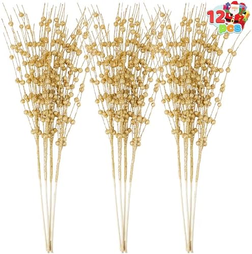 JOIEDOMI 12 Pcs Christmas Gold Glitter Berry Stems, 17'' Christmas Tree DIY Picks Branches, Gold Xmas Wreath Ornaments Glitter Twigs, Artificial Decorative Sticks for Party Home Wedding Holiday Decor