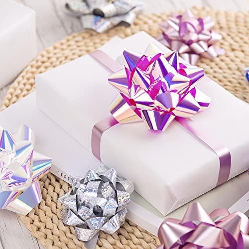 WRAPAHOLIC 14 Pcs Gift Bows Assortment - 12 Multi Colored Assorted Size Gift Bows (Purple, Pink, White, Rose Gold, Silver) and 2 Crimped Curling Ribbons, Perfect for Christmas, Holiday, Party