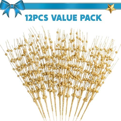 JOIEDOMI 12 Pcs Christmas Gold Glitter Berry Stems, 17'' Christmas Tree DIY Picks Branches, Gold Xmas Wreath Ornaments Glitter Twigs, Artificial Decorative Sticks for Party Home Wedding Holiday Decor