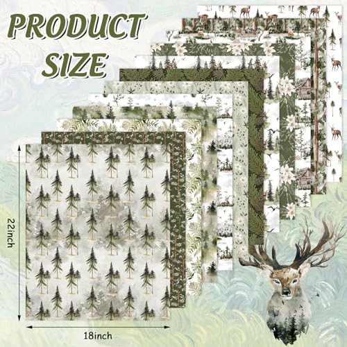 Whaline 12Pcs Christmas Watercolor Forest Cotton Fabric Bundles 18 x 22 Inch Green Christmas Tree Flower Deer Fat Quarter Xmas Quilting Patchwork for DIY Handmade Sewing Crafting