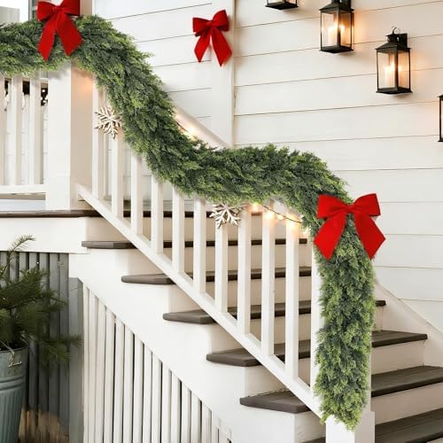 16FT Cedar Garland for Fireplace - Artificial Christmas Garland Thick and Lush Realistic Faux Cedar Fake Pine Needles Garland for Table,Window,Stairs,Mante,Indoor Outdoor Decor (1PCS)