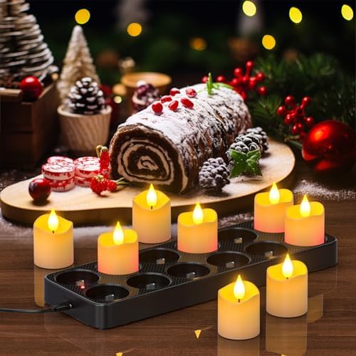 Yme Rechargeable Tea Lights Candles with Charger Storage Base, 12 Pack Battery Operated LED Flameless Votive Candles with Remote Timer for General Fireplace Halloween Pumpkins Christmas Party Decor