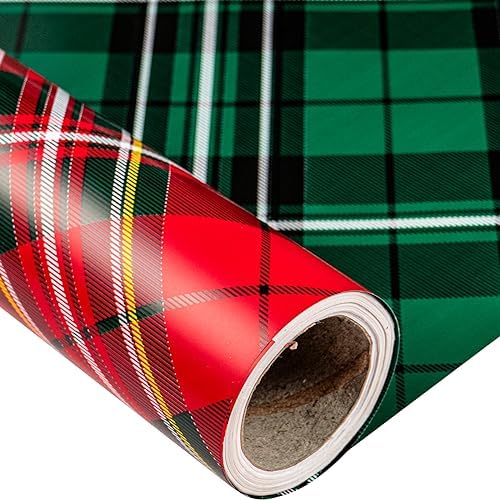 LeZakaa Christmas Wrapping Paper Jumbo Roll, Green & Red Plaid Classic Retro Reversible Design for Thanksgiving, New Year, Valentines, Wedding, Anniversary, Family Gathering, 24 inches x 100 Feet