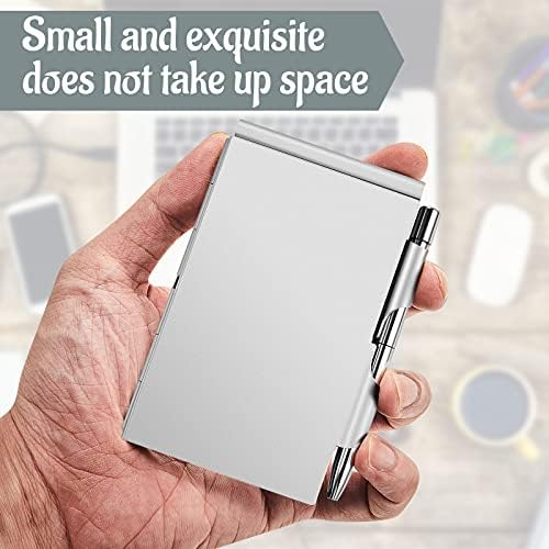 2 Pieces Metal Pocket Notebook with Pen and Refillable Paper, Aluminum Flip Mini Notepad Holder, Small Journal with Pen Holder for Office Supplies Christmas gifts(Black, Silver)