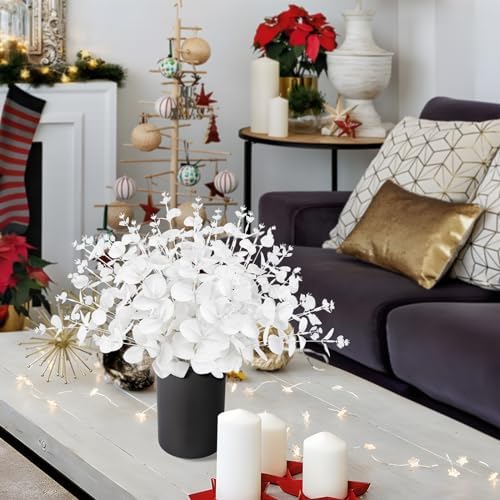 14PCS White Eucalyptus Artificial Faux Flowers for Decoration - Fake Silk Stems in Vase Christmas Holiday Winter Wedding Home Decor