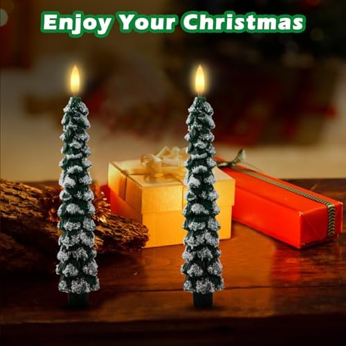 Flameless Christmas Tree Candles with Remote – 2 Pack LED Snowy Tree Battery Operated Candles, Realistic Flickering Flame, Safe Holiday Home Decor for Christmas Decorations & Gifts