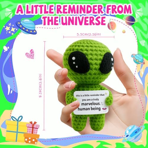 Boss Day Appreciation Gifts - Christmas Stocking Stuffers for Adult - Office White Elephant Exchange, Birthday Gifts for Coworkers, Teachers, Friends, Crochet Alien Plush with Positive Message Card