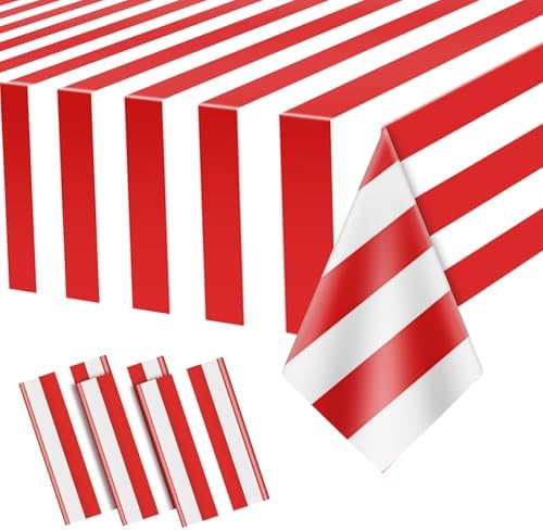 Carnival Theme Party Decorations Tablecloths, Circus Plastic Table Covers Rectangle Disposable Red and White Striped Tablecloth Supplies for Kids Birthday Movie Night Christmas, 87'' x 51'', 3pcs