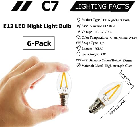 LED Night Light Bulb – C7 E12 LED Bulbs – Candelabra Light Bulbs, 1.5 Watt Equivalent 15W Incandescent Bulb, Warm White 2700K For Christmas, Party, Weddings, Garden, Backyard Non-dimmable 6pack