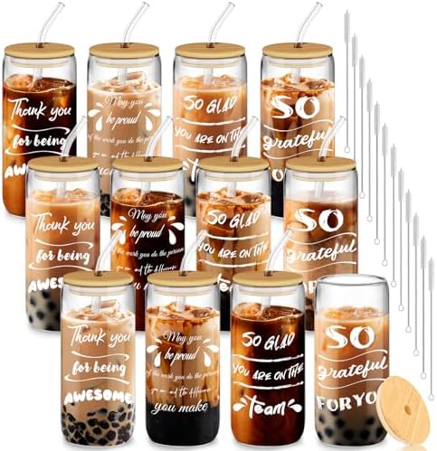 12 Set Employee Appreciation Gifts, Inspirational Thank You Gift for Team, Teacher, Nurse, Coworkers, Employees, Staff - Employee Christmas Gifts, 20oz Glass Cups with Lids and Straws (Mixed)