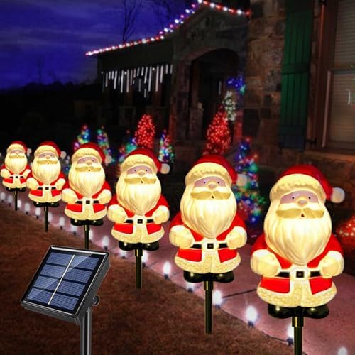 Upgraded 6-Pack Solar Christmas Garden Stake Lights, Outdoor Waterproof Solar Santa Claus Garden Stake Christmas Pathway Lights for Christmas Decorations Garden Lawn Pathway Patio (8 Modes)