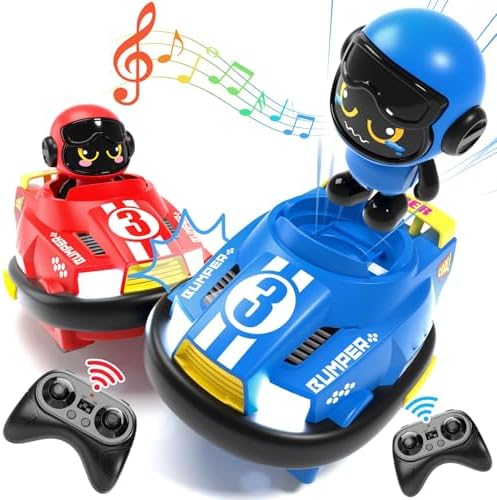 2 Pack Cute Cartoon Remote Control Bumper Car for Toddlers-Mini RC Cars with Light & Sound & 360°Rotating-Race car Toys for 3 4 5 6Year Old Boys Girls Kids-Christmas Birthday Gifts