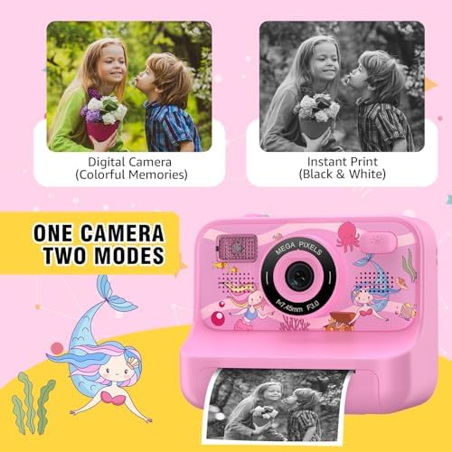 Instant Print Camera for Kids Age 3-12 Girls Boys 1080P HD Digital Video Cameras with 5 Print Paper & 32G Card Toddler Portable Travel Toys Camera for Christmas Birthday Gifts