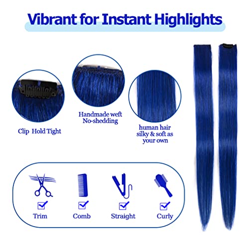 Winsky Blue Clip in Hair Extensions 100% Real Human Hair - Straight Highlights Colored Clip on Christmas Hairpieces 5 Pieces/Set (18inch, Blue)