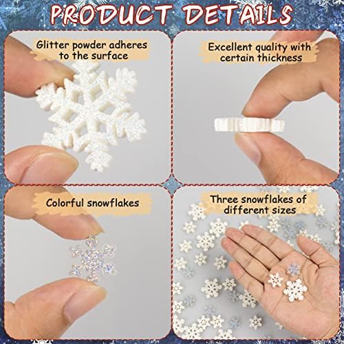 100Pcs Mini Snowflake Ornament Christmas Decorations- Glitter Resin White and Silver Snowflakes Christmas Craft Embellishment for DIY Craft Xmas Tree Winter Party Table Decor (3 Sizes)
