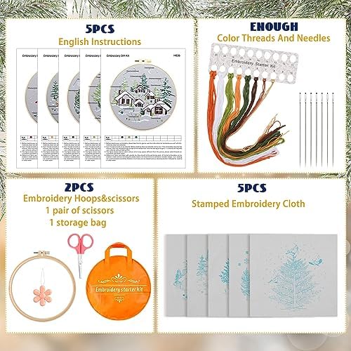 Tigeen 5 Sets Christmas Embroidery Kit for Adults Cross Stitch Embroidery Kit for Winter Snow Scene Christmas Tree with Instructions Hoops Needles Colored Threads Needle
