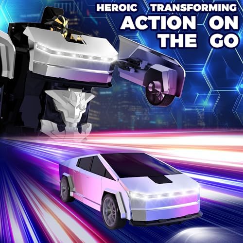 Transform RC Cyber Pickup Truck Cars Robot Toy for Kids, 2.4GHz Remote Control Car with One-Button Deformation 360° Rotation LED Lights Christmas Birthday Gifts for Boys Age 4-7-8-12（1:18 Scale ）