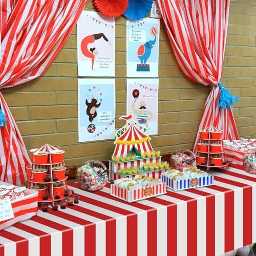 Carnival Theme Party Decorations Tablecloths, Circus Plastic Table Covers Rectangle Disposable Red and White Striped Tablecloth Supplies for Kids Birthday Movie Night Christmas, 87'' x 51'', 3pcs