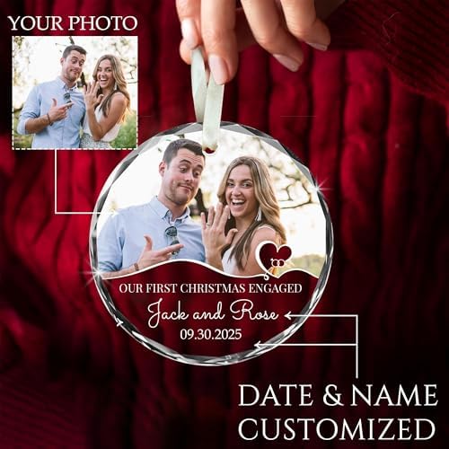 First Christmas Engaged Ornament 2025 – Custom Engagement Photo Ornament – Personalized Couple Gift with Name Date Picture – Romantic Holiday Keepsake