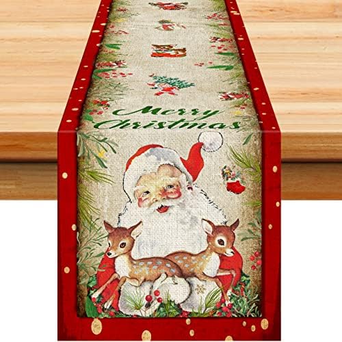 Vintage Christmas Table Runner Xmas Holiday Santa Claus Kitchen Dinner Table Decorations Merry Christmas Table Runner for Indoor Outdoor Home Party Decor 13 x 91 Inch