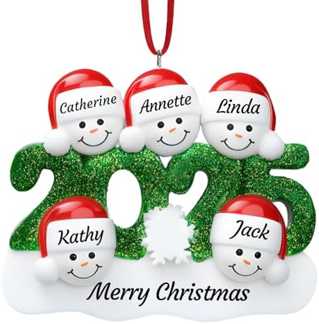 DPDP Personalized Christmas Ornaments 2025 - Family Ornament 2025, Resin Custom Christmas Ornament with Glitter Year, Snowman Xmas Tree Decorations, Customized Names & Text - Family of 5