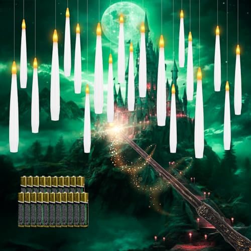 20 PCS Floating Candles with Wand LED Magic Hanging Candle Battery Operated Candle with 21 Batteries Include Flickering Warm Light Floating Candles for Christmas Halloween Decoration