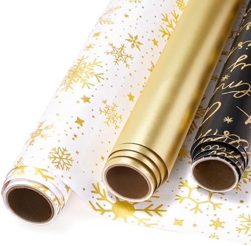 YANGTE Christmas Wrapping Paper Mini Rolls, 3 Rolls 17" x 120" Gift Wrapping Paper Christmas rolls, Holiday Wrapping Papers Black White Gold
